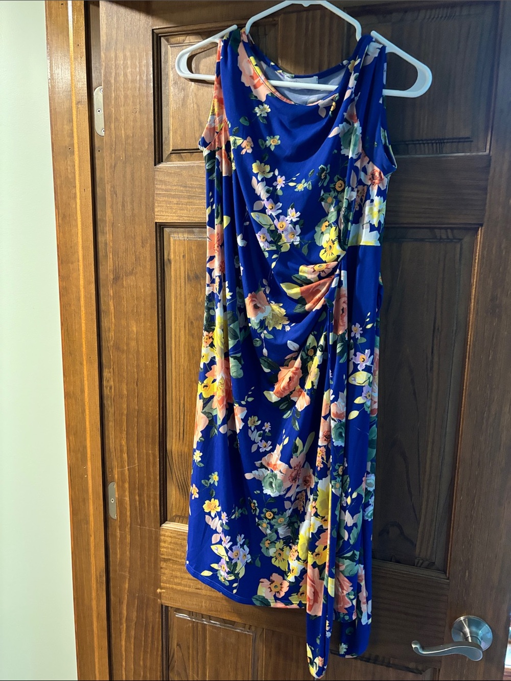 Maternity Royal Blue Floral Sleeveless Draped Midi Dress